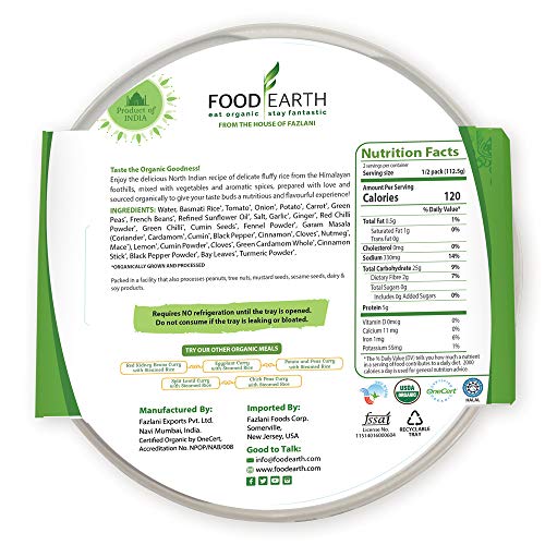Food Earth Organic Indian Vegetable Biryani - Ready To Eat Meals
