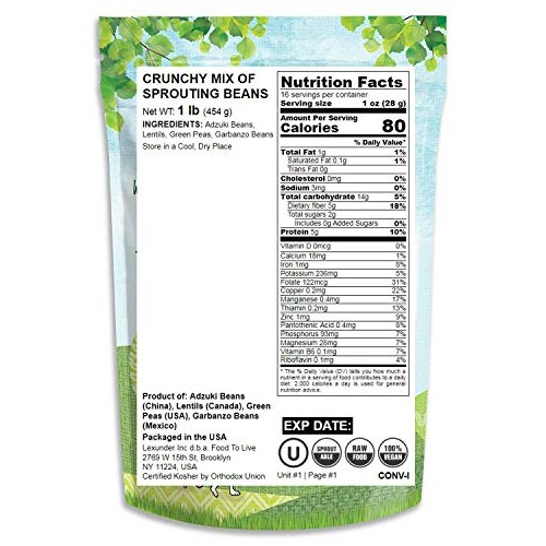 Crunchy Mix Of Sprouting Bean Seeds, 1 Pound - Green Peas, Adzuk