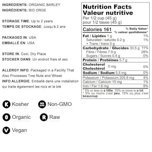 Food to Live Organic Hulled Barley, 5 Pounds Non-GMO, 100% Whole...