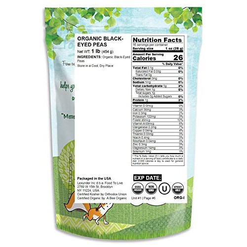 Organic Black-Eyed Peas, 1 Pound - Raw Dried Cow Peas, Non-Gmo,