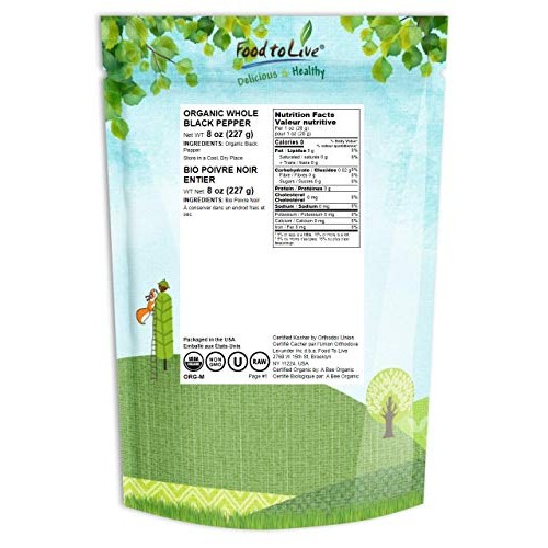 Organic Black Pepper, 8 Ounces - Whole Dried Peppercorns, Non-Gm