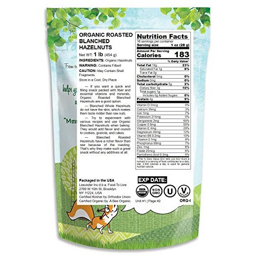 Organic Blanched Roasted Hazelnuts, 1 Pound - Non-Gmo, No Skin,