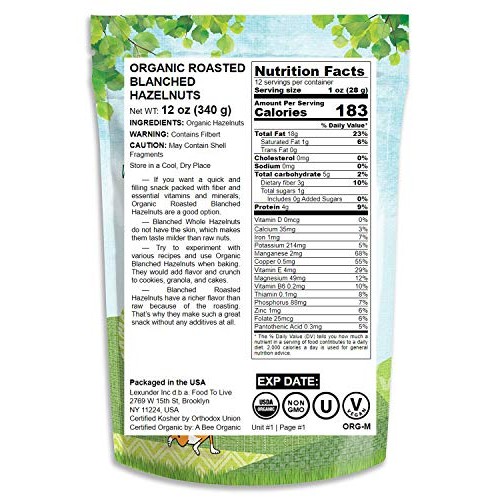 Organic Blanched Roasted Hazelnuts, 12 Ounces - Non-Gmo, No Skin