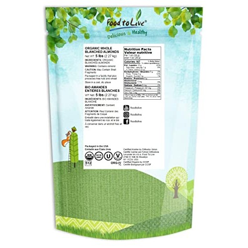 Organic Blanched Whole Almonds, 5 Pounds - Non-Gmo, Raw, Unpaste