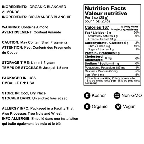 Organic Blanched Whole Almonds, 5 Pounds - Non-Gmo, Raw, Unpaste