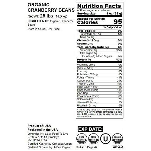 Organic Cranberry Beans, 25 Pounds - Dried Borlotti Beans, Non-G