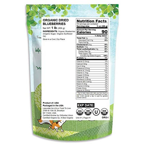 Organic Dried Blueberries, 1 Pound - Non-Gmo, Kosher, Raw, Vegan