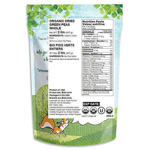 Organic Dried Green Peas, 2 Pounds - Sproutable, Non-Gmo, Kosher