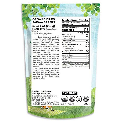 Organic Dried Papaya Spears, 8 Ounces - Non-Gmo, Kosher, Unsulfu