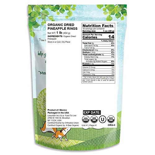 Organic Dried Pineapple Rings, 1 Pound - Non-Gmo, Kosher, Unswee