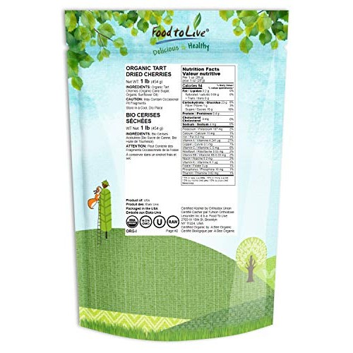 Organic Dried Tart Cherries, 1 Pound — Lightly Sweetened, Pitted