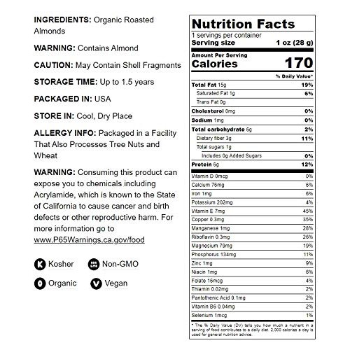 Organic Dry Roasted Almonds, 12 Ounces - Non-Gmo, Unsalted, Vega
