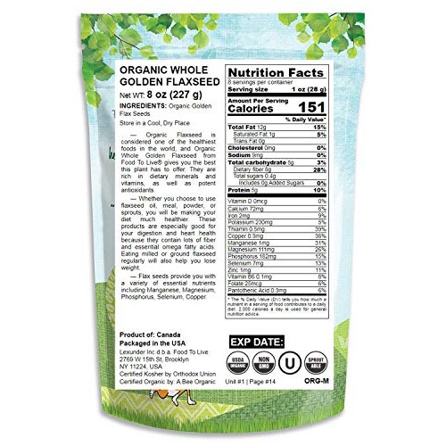 Organic Golden Flaxseed Whole, Raw, Non-Gmo, Kosher, Bulk By F