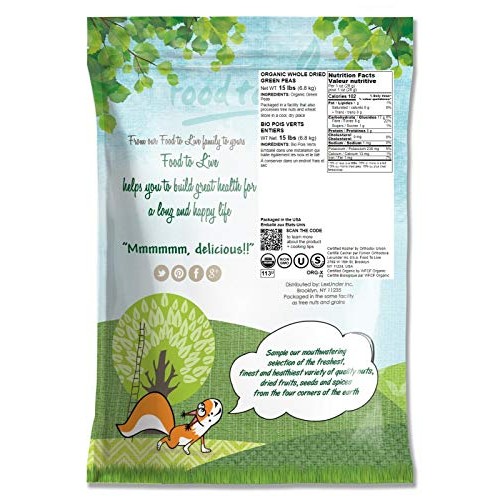 Organic Green Peas, 15 Pounds - Sproutable, Non-Gmo, Kosher, Raw