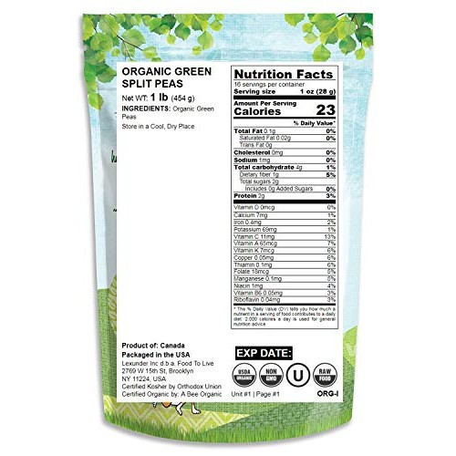 Organic Green Split Peas, 1 Pound - Non-Gmo, Kosher, Raw, Dried,
