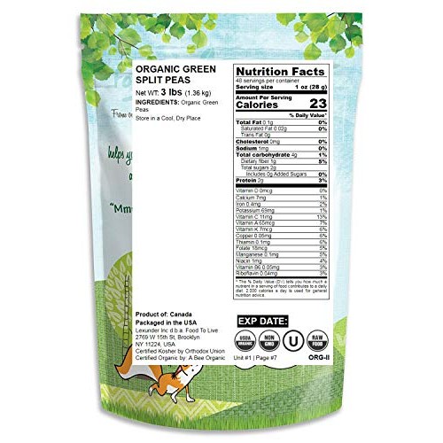 Organic Green Split Peas, 3 Pounds - Non-Gmo, Kosher, Raw, Dried