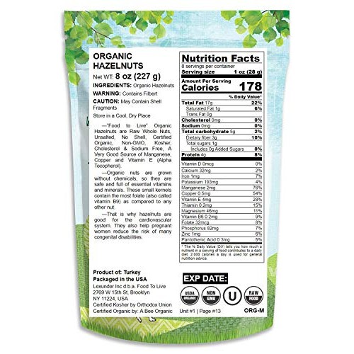 Organic Hazelnuts / Filberts, 8 Ounces - Non-Gmo, Kosher, Raw, N