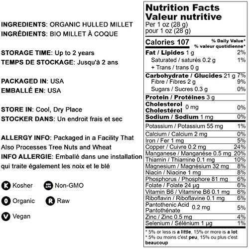 Organic Hulled Millet, 20 Pounds — Whole Grain Seeds, Non-Gmo, K