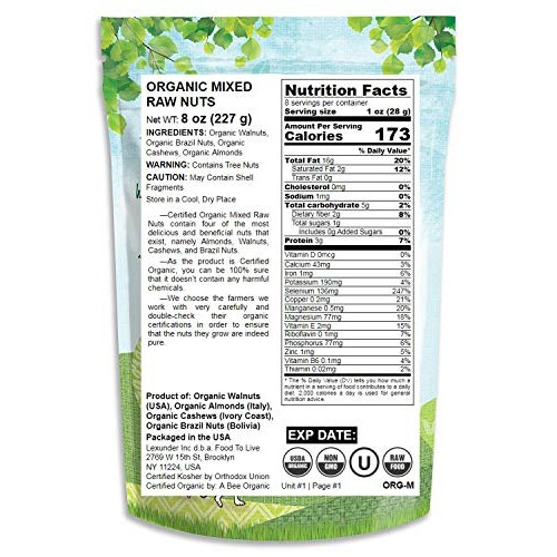 Organic Mixed Raw Nuts, 8 Ounces - Cashews, Brazil Nuts, Walnuts