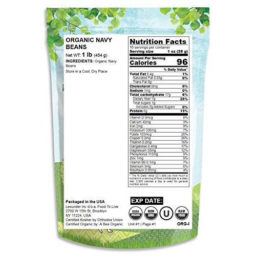Organic Navy Beans, 1 Pound - Non-Gmo, Kosher, Raw, Vegan, Bulk