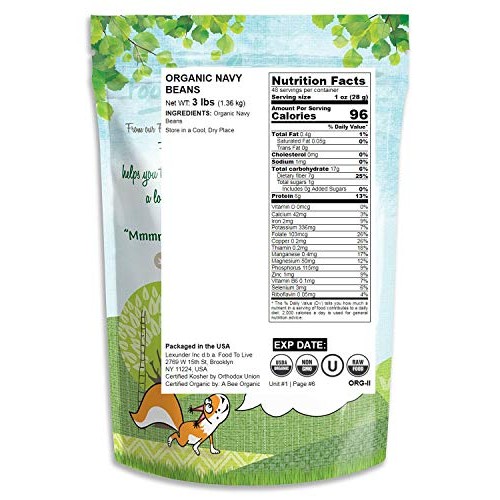 Organic Navy Beans, 3 Pounds - Non-Gmo, Kosher, Raw, Vegan, Bulk