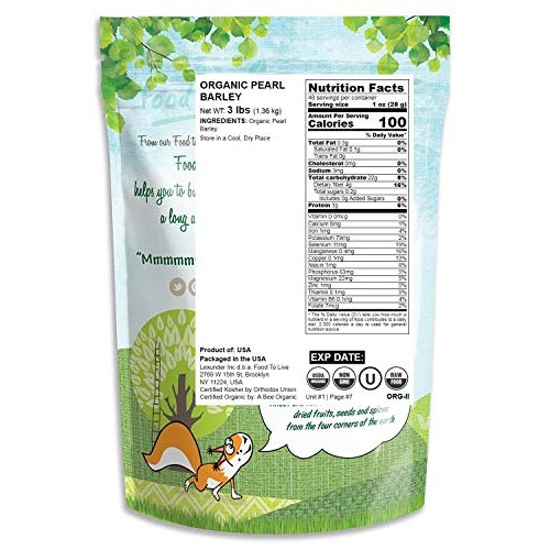 Organic Pearl Barley, 3 Pounds - Non-Gmo, Kosher, Raw, Vegan