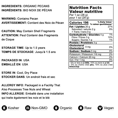 Organic Pecan Halves, 1.5 Pounds – Non-GMO, Kosher, Raw Pecan Nu...