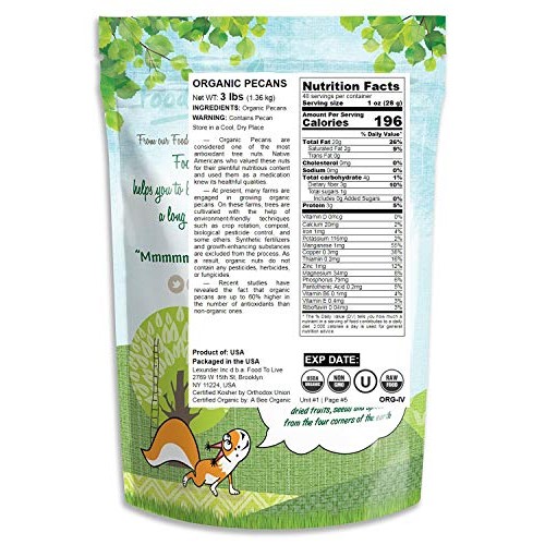 Organic Pecans, 3 Pounds - Non-Gmo, Kosher, Raw, Vegan, No Shell