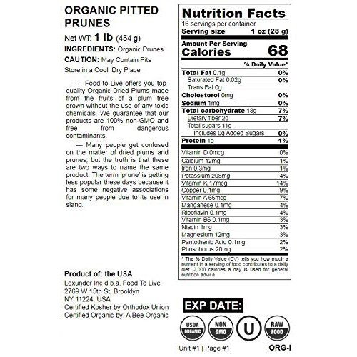 Organic Pitted Prunes, 1 Pound — Dried California Plums, Non-Gmo