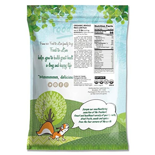 Organic Red Lentils Whole, 5 Pounds -Non-Gmo, Kosher, Raw, Dried
