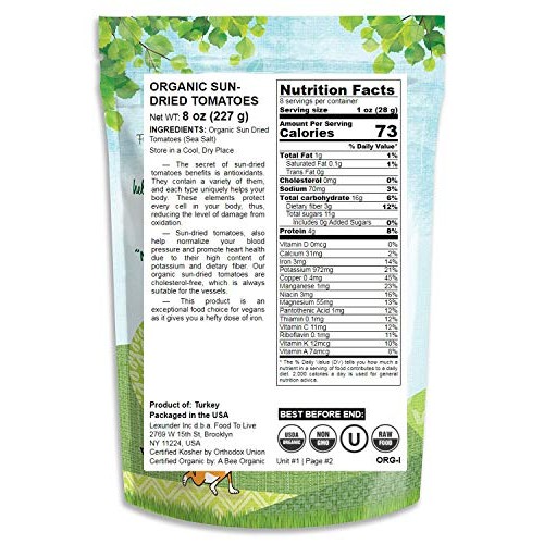 Organic Sun-Dried Tomatoes With Sea Salt, 8 Ounces - Salted, Non