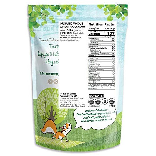 Organic Whole Wheat Couscous, 3 Pounds - Non-Gmo, Kosher, Raw, V