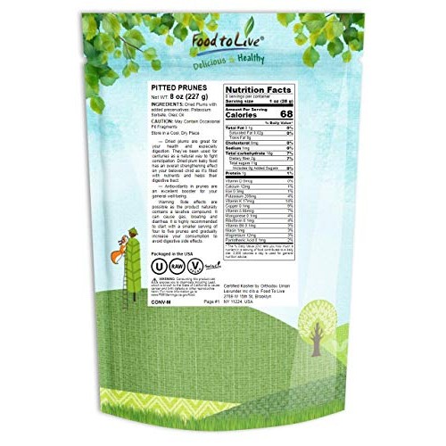 Pitted Prunes, 8 Ounces — Whole Dried Plums, Unsulfured, Unsweet