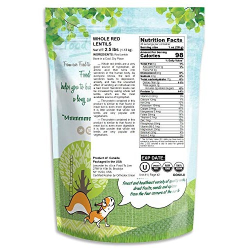 Red Lentils Whole, 2.5 Pounds - Kosher, Raw, Vegan, Sproutable,