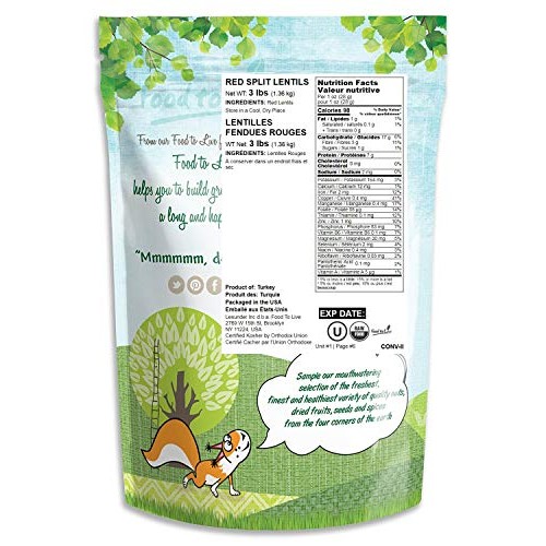 Red Split Lentils, 3 Pounds - Dry Beans, Kosher, Raw, Bulk