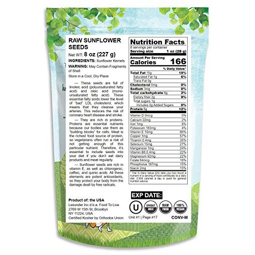 Sunflower Seeds, 8 Ounces - Raw, Kernels, No Shell, Kosher, Bulk