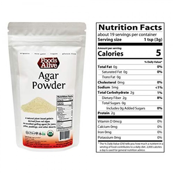 Agar Agar Powder, Organic, Plant-Based, Vegan Gelatin, 2oz, Vege...