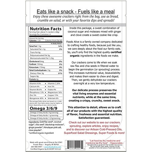 Foods Alive Ginger Snap Flax Crackers - Delicious All-Flax Vegan