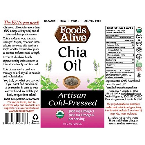 Foods Alive Organic Chia Oil, Artisan Cold Pressed, 100% Pure Ch