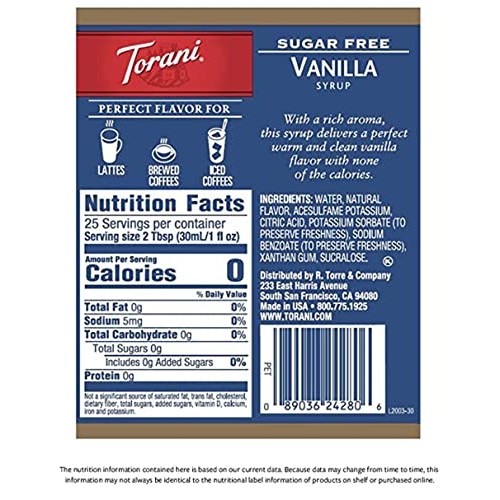 Torani Sugar Free Vanilla Syrup For Coffee 25.4 Ounces For Vanil