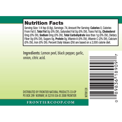 Frontier Seasoning Blends, Salt-Free Lemon Pepper, 2.08-Ounce Bo...