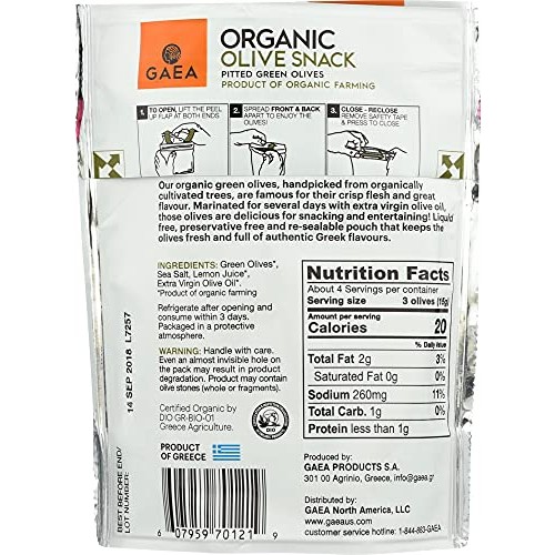 Gaea Organic Snack Pack Pitted Green Olives With Sea Salt And Le