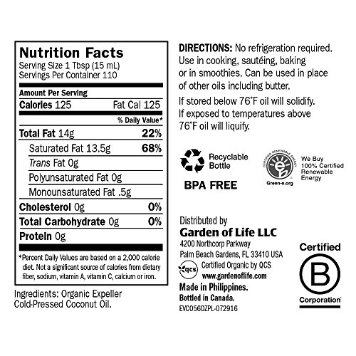 Garden Of Life Organic Extra Virgin Coconut Oil - Unrefined Cold