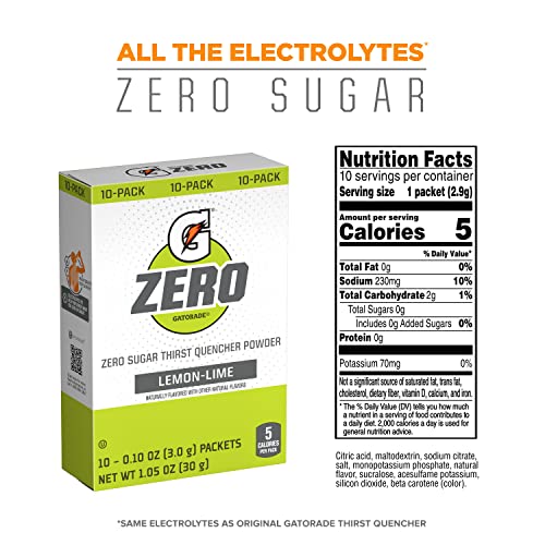 Gatorade G Zero Powder, Lemon Lime, 0.10oz Packets, 10 Count Pa...