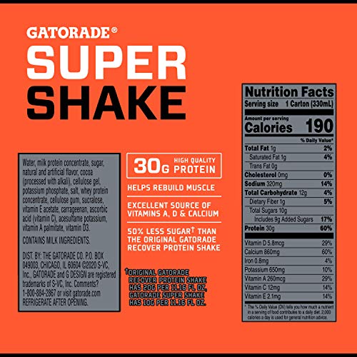Gatorade Super Shake, Chocolate, 30G Protein, 11.16 Fl Oz Carton