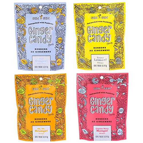 Assorted Ginger Chews 4-Pack- 4 Gem Gem 5Oz Bags - Original,