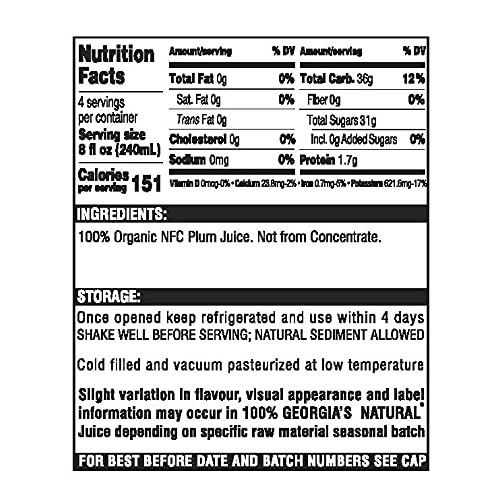 Georgia’s Natural Organic Plum Juice – All-Natural, Cold Pressed...