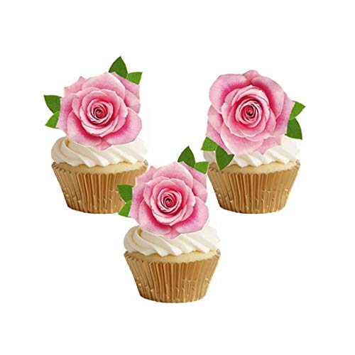 Georld Not 3D 24Pcs Edible Pink Rose Cupcake Topper Cake Toppers