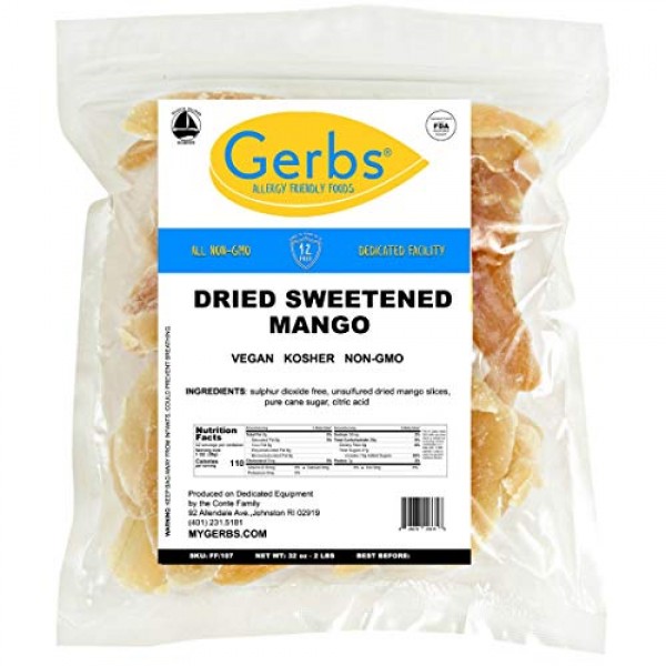 GERBS Dried Sweetened Mango Slices, 32 ounce Bag, Unsulfured, Pr...