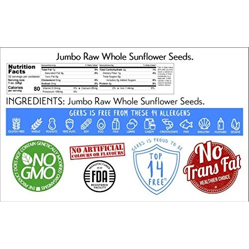 GERBS Jumbo Raw Whole Sunflower Seeds, 32 ounce Bag, Unsalted, T...